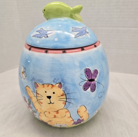 Hausenware Cat Kitten Butterfly Fish Birds Floral Ceramic Cookie Jar Vintage - Picture 2 of 16